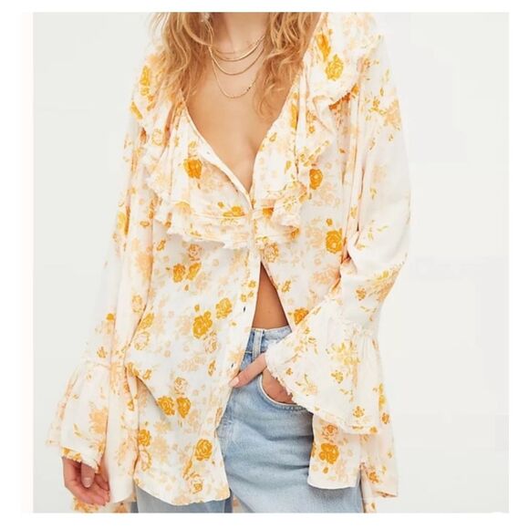 Free People Loretta Yellow Ruffled Button Up Tunic Top Hi Low Hem Oversized sz M - Picture 1 of 12